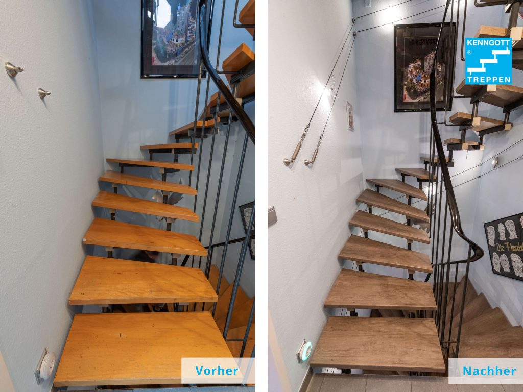 Vorher-Nachher: Handelt es sich um eine Treppe mit Stahlkonstruktion, genügt oft schon ein Stufentausch, um für optische Auffrischung zu sorgen.