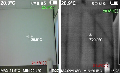 Foto und Schwarz-Weiß-Wärmebild mit Markierungen für die Mindest- und Höchsttemperatur - auf der PCE-TC 33N gespeicherte Bilder einer Trockenbauwand