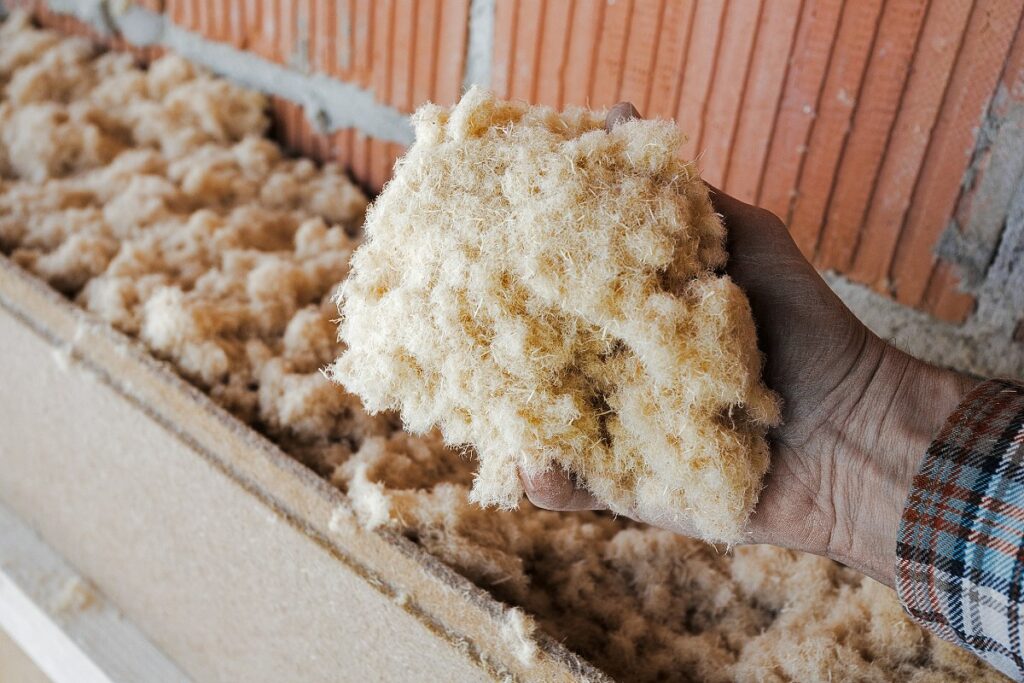 Ein Hand hält Holzfasern. Im Hintergrund Holzfasern als Einblasdämmung.